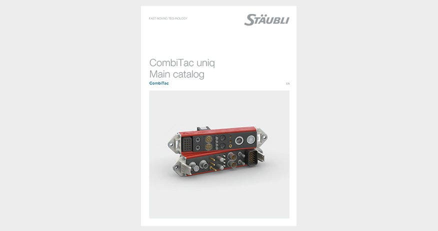 Product image with the catalog of our modular connector system CombiTac uniq, connectors for power, signal, data, pneumatic and fluid connections up to 100,000 mating cycles. Offers the highest possible performance and can be customized to meet exact technical and dimensional specifications.