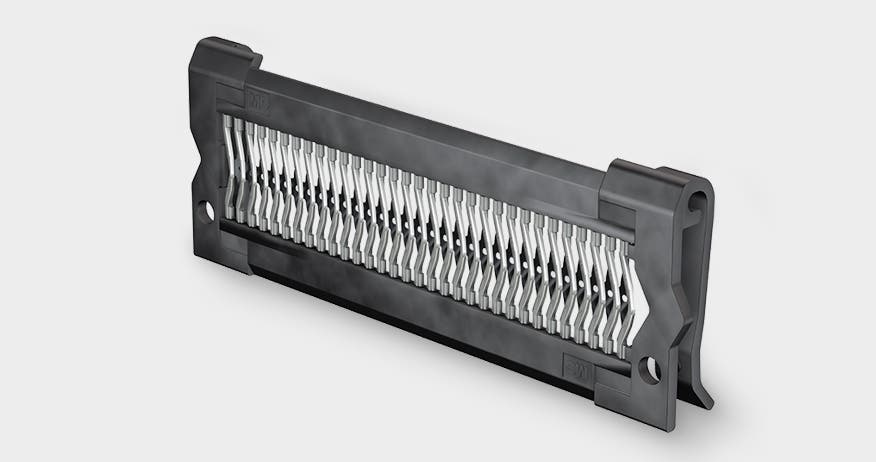 Product image with connecting element ClipLam-CL-T, especially dedicated to provide a pluggable electrical connection between two double-pole insulated busbars.