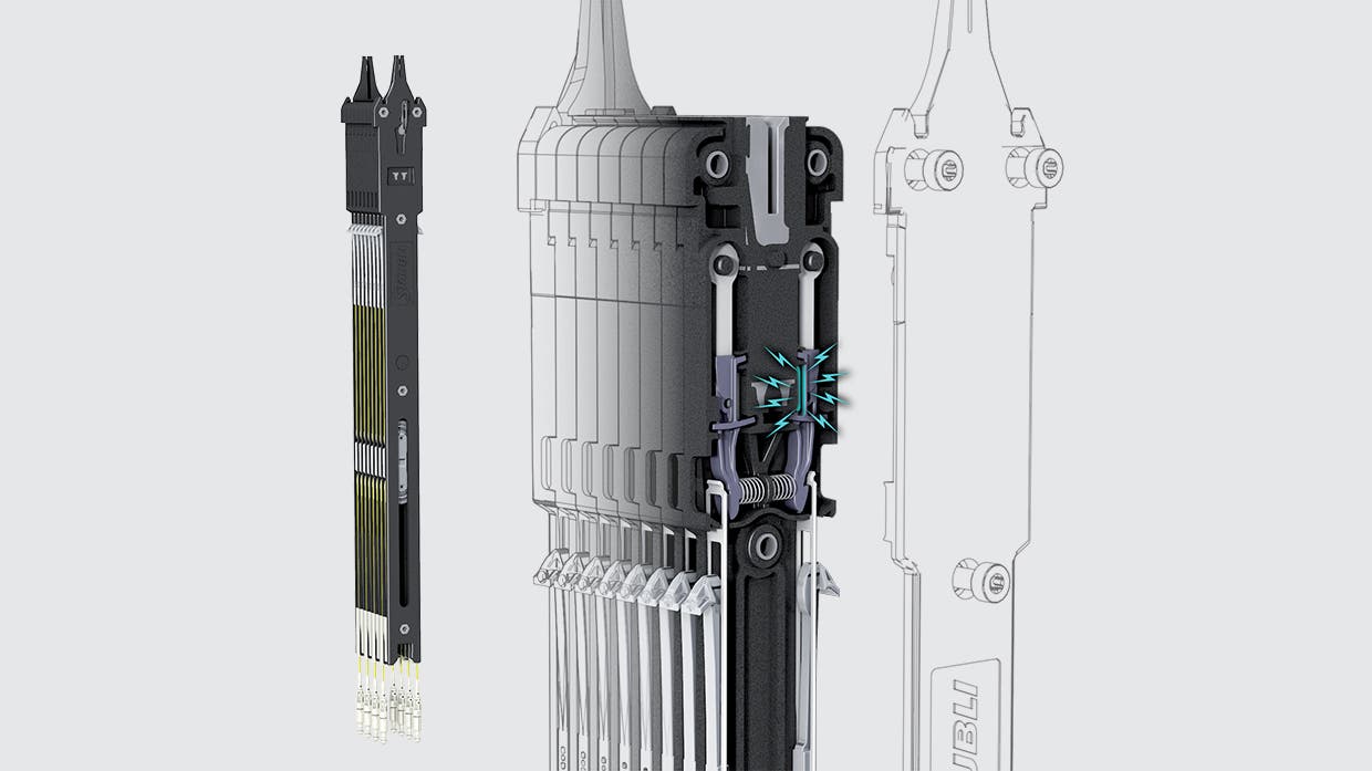 Stäubli module MX hook selection for reliable hook selection in Jacquard machine.