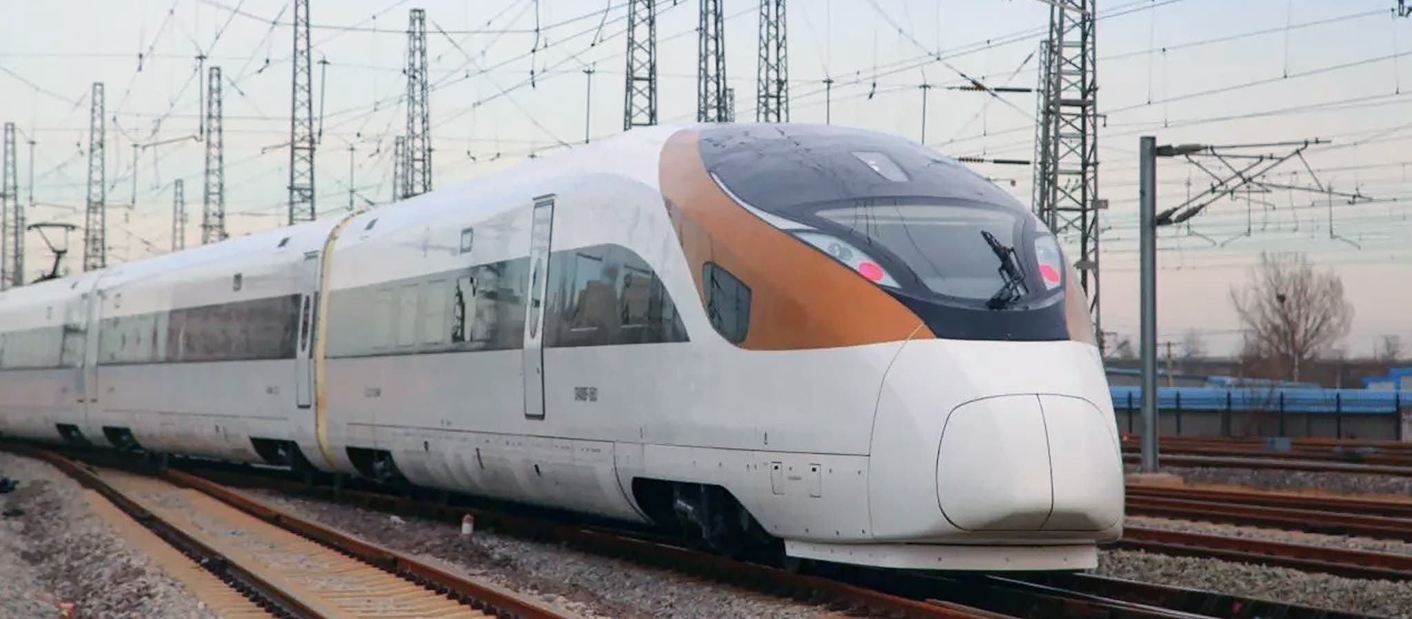 High-speed train leaving train station, Fuxing, Chinese railway