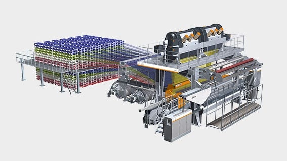 Carpet weaving system ALPHA 500 SINGLELOOP for industrial production of loop and flat carpeting as area rugs or wall-to-wall carpeting for the residential, public or transport sectors.