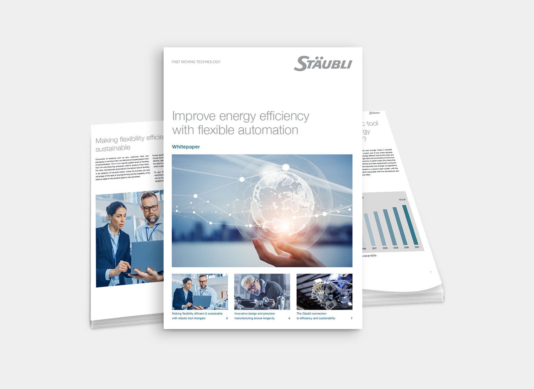 White paper titled "Improve energy efficiency with flexible automation" by Stäubli.