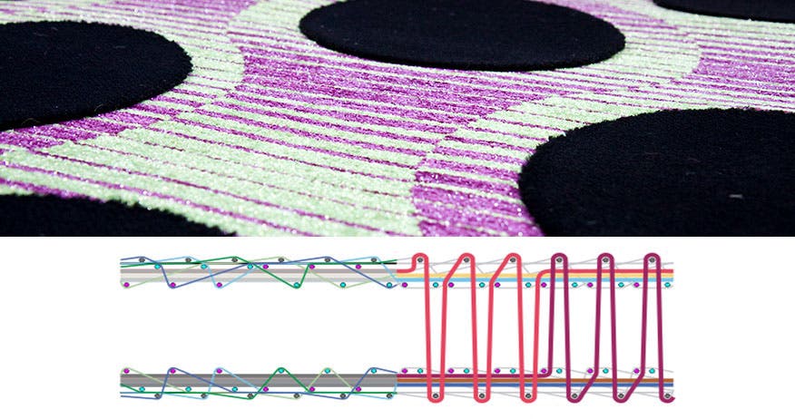 Carpet weaving technology Magic weft effect for carpet woven on ALPHA carpet weaving system with innovative patterns on the carpet ground showing different weft colours along one pick line.