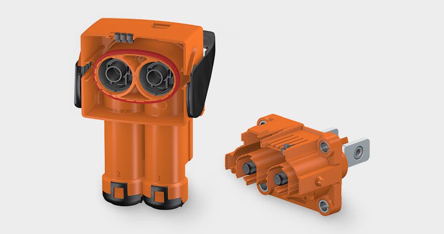 Product image with the powerful two-pole e-mobility connector PerforMore, designed for use in different interfaces along the drive train.