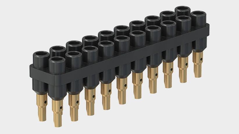 20-pole socket strips, consisting of 2 rows of 10 rigid sockets with solder connection. No need for individual mounting of sockets: Simplified panel drilling, orientation of solder connections and compact mounting with only 5 screws. With socket spacings of 6 mm