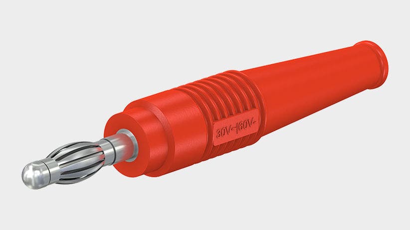 Teaser image with in-line, Ø 4 mm plug, with spring-loaded MULTILAM for self-assembly of test leads, and solder connection.