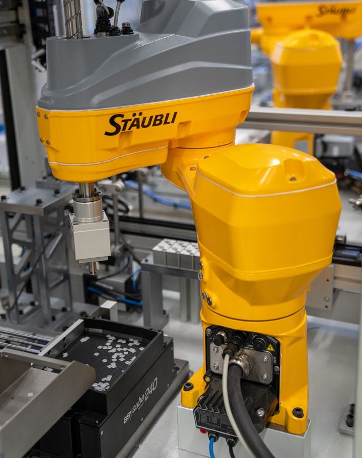 The plastic seals are provided unordered on an Asyril Any feeder and inserted into the housing by the robot under camera guidance.